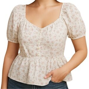 Coco & Shay White Cotton Puff Sleeve Top with Button Details Size XL